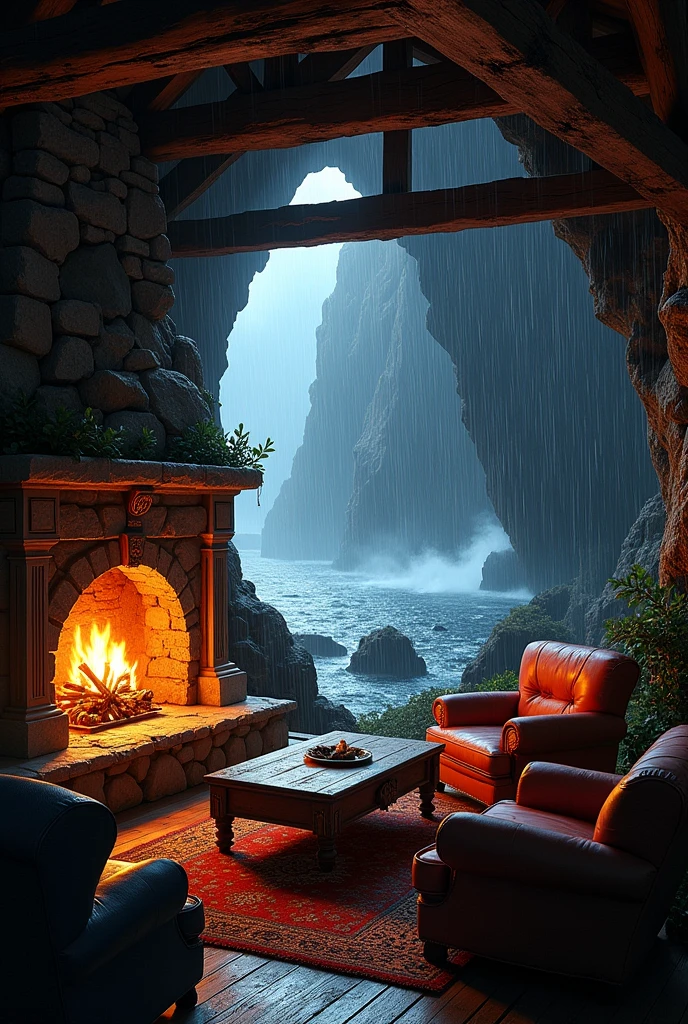 a room with a large fireplace in a house on a cliff、Outside the window it's raining at night。The current perspective is、A room with a large fireplace。