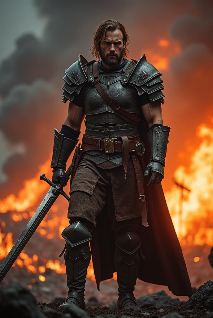 A warrior pic a sword standing opposite with the fire background with burn all the world