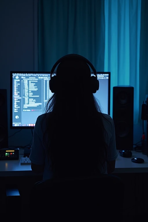 One person, solo, Long Hair, headphone 、A room as dark as night