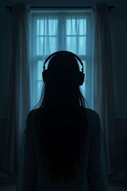One person, solo, Long Hair, headphone 、A room as dark as night