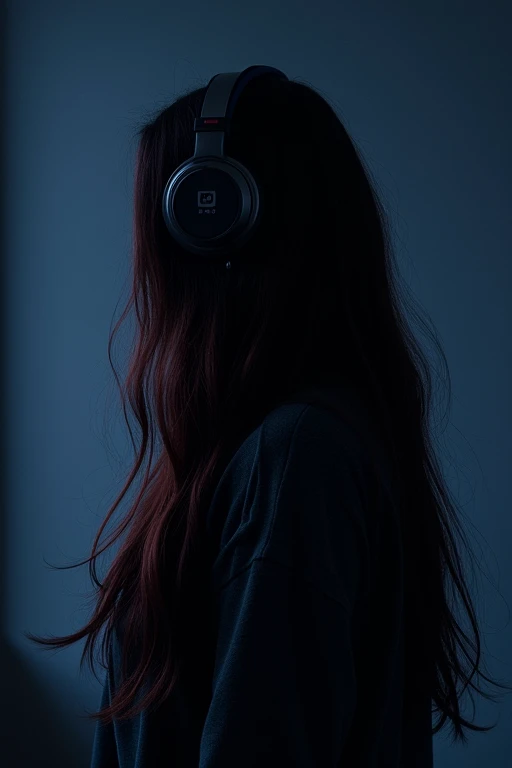 One person, solo, Long Hair, headphone 、A room as dark as night
