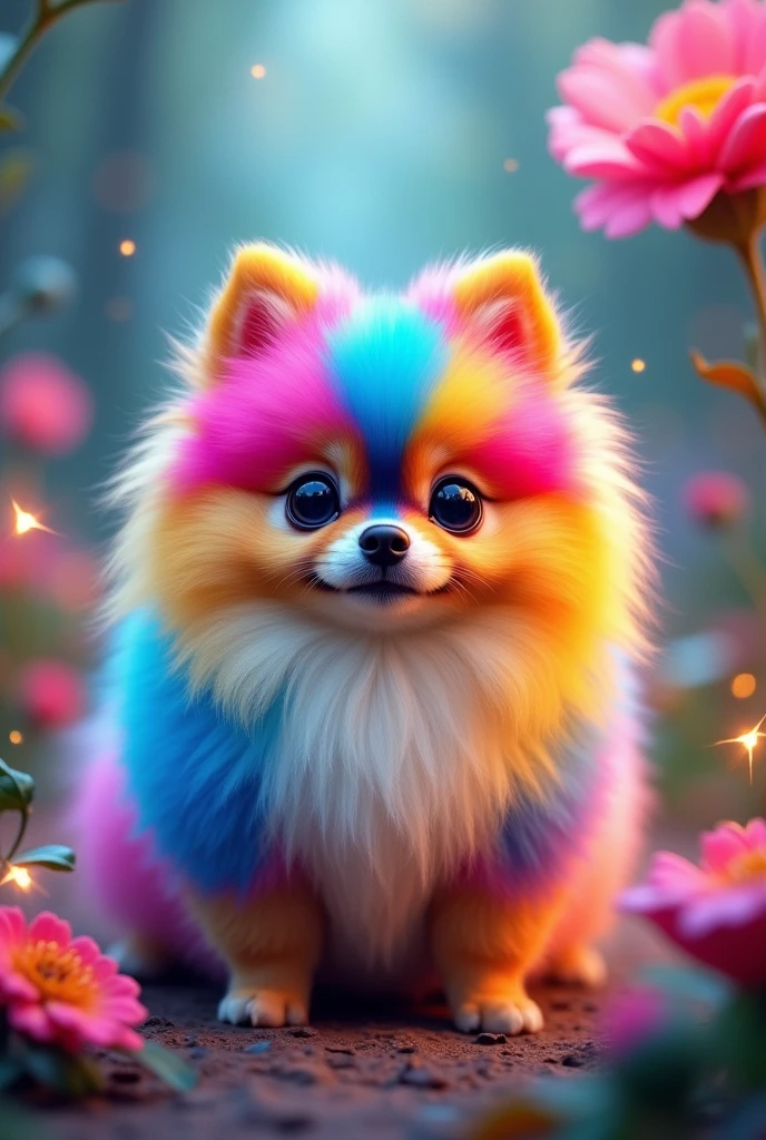 facing the front. A character like a Pomeranian. Not human. The fur is colorful and conspicuous.