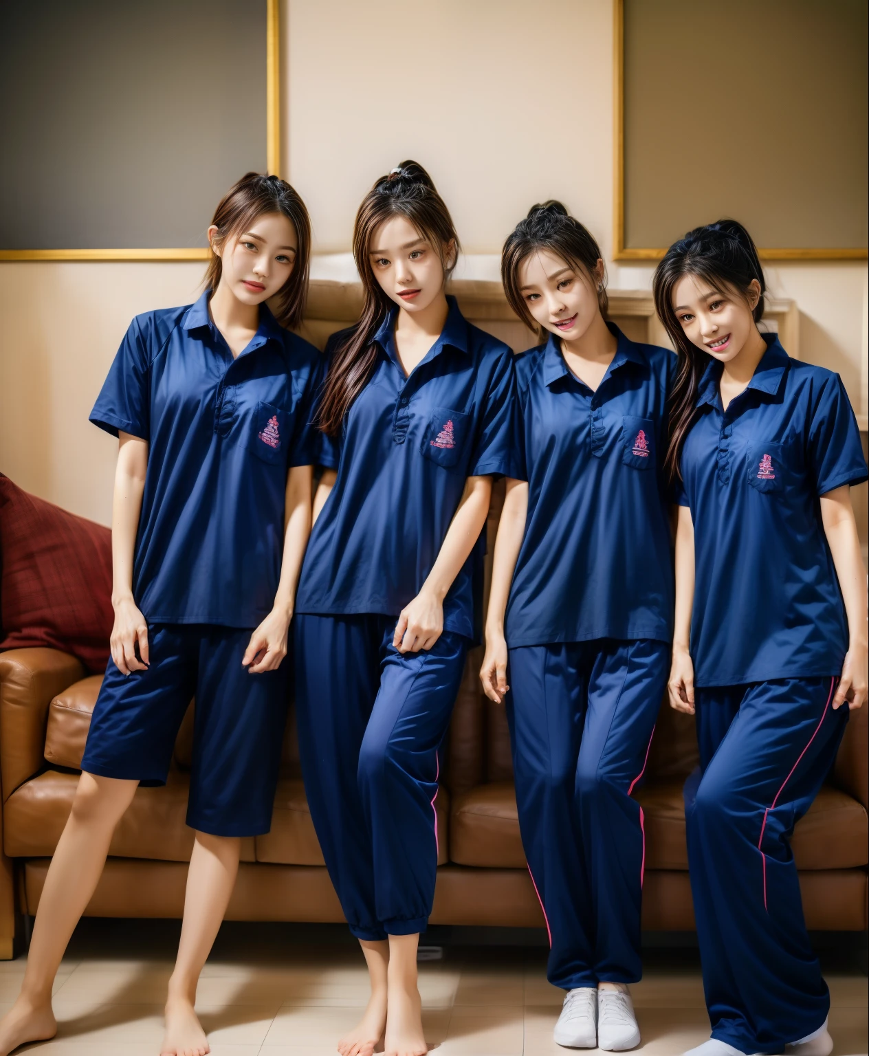 3 girls lie about on sofa living room, Navy blue short-sleeved shirt,Navy Long Trackpant,Sweatpants, Sweatpantsขายาว,25 year old girl, lesbian, sexy, exercise clothes, wet body, exercise clothes