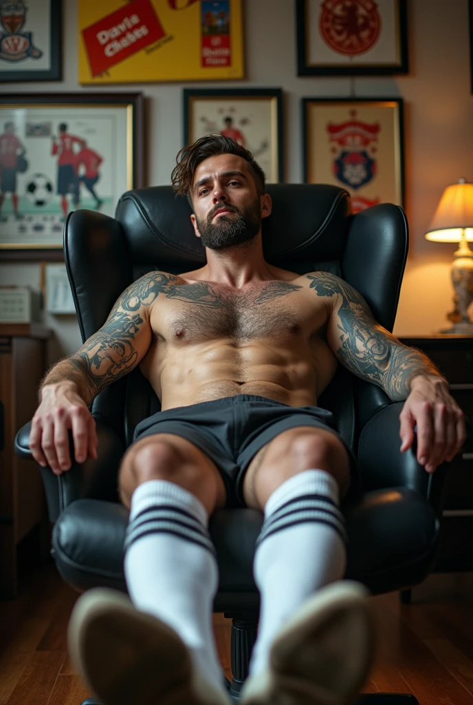 sexy dilf white coach daddy soccer player laying on his office chair, white socks, adidas socks, dirty socks, beard, indoor lighting, hairy, proportionate body, sport calf high socks, man spread, male focus, squat, short hair, lean body, showing hairy gaping anus, beautiful detailed erect penis, brown hair, full body tattoos, toned body, his hands are behind his back, from below