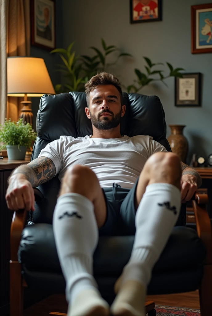 sexy dilf white coach daddy soccer player laying on his office chair, white socks, adidas socks, dirty socks, beard, indoor lighting, hairy, proportionate body, sport calf high socks, man spread, male focus, squat, short hair, lean body, showing hairy gaping anus, beautiful detailed erect penis, brown hair, full body tattoos, toned body, his hands are behind his back, from below