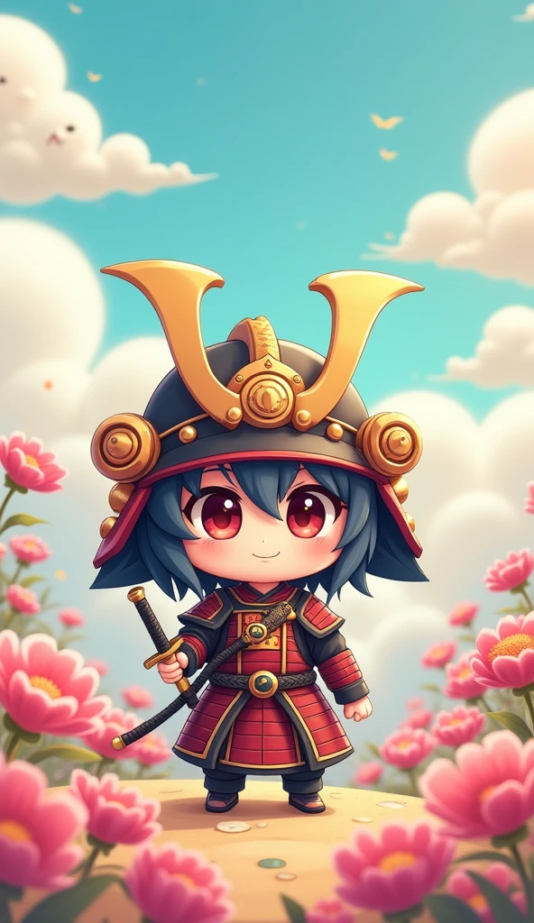 A cute, chibi-style samurai with oversized eyes, wearing an exaggeratedly large helmet and carrying a tiny katana. The character stands in a whimsical, pastel-colored world with oversized flowers and clouds shaped like animals. The style is soft and colorful, with rounded shapes and a playful, heartwarming atmosphere typical of kawaii anime.