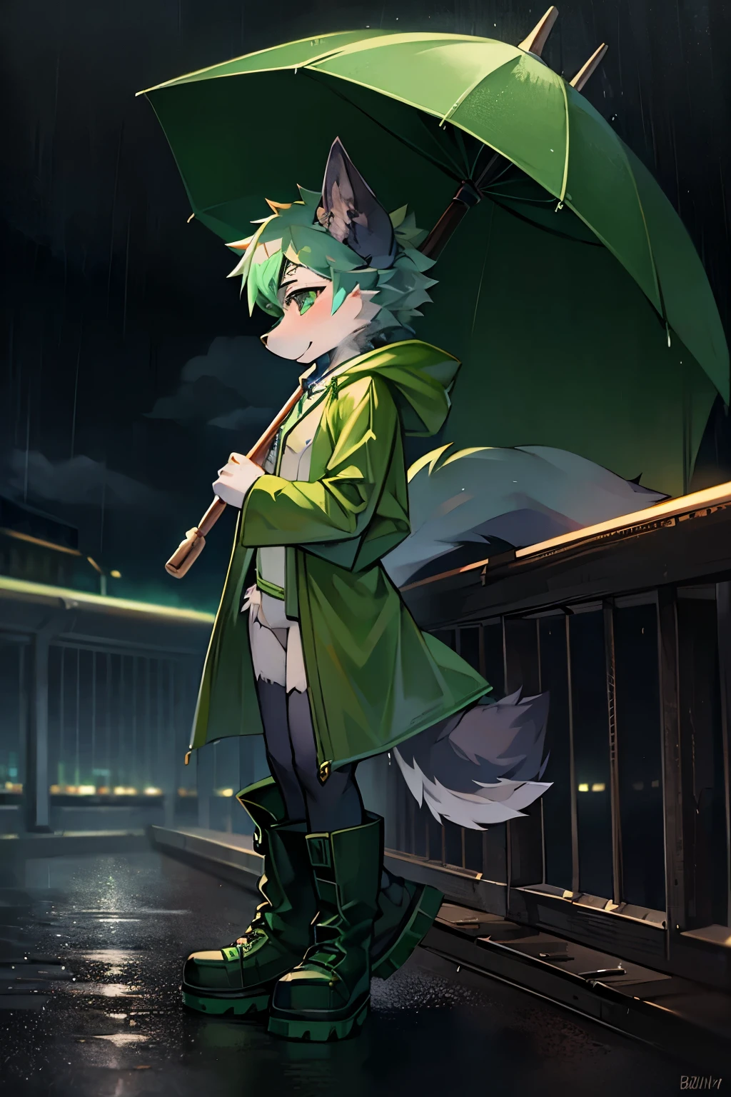 little wolf, stand, Open an umbrella, Amidst the rain, On the overpass, wearing a green raincoat, boots,
