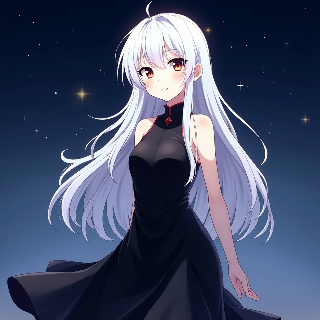 White Hair　White skin　kind　Black sleeveless dress　anime　whole body　smile　Long Hair　Night view