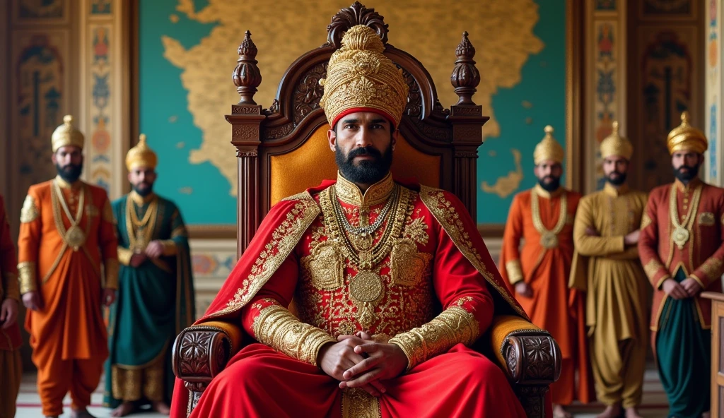 Maharana Pratap in a royal attire, seated on a grand throne in a palace, surrounded by his loyal courtiers. He has a calm and composed expression, embodying the dignity and honor of a true king. The throne room is adorned with intricate Rajasthani architecture, and a large map of Mewar is displayed behind him.
Give last image same face"