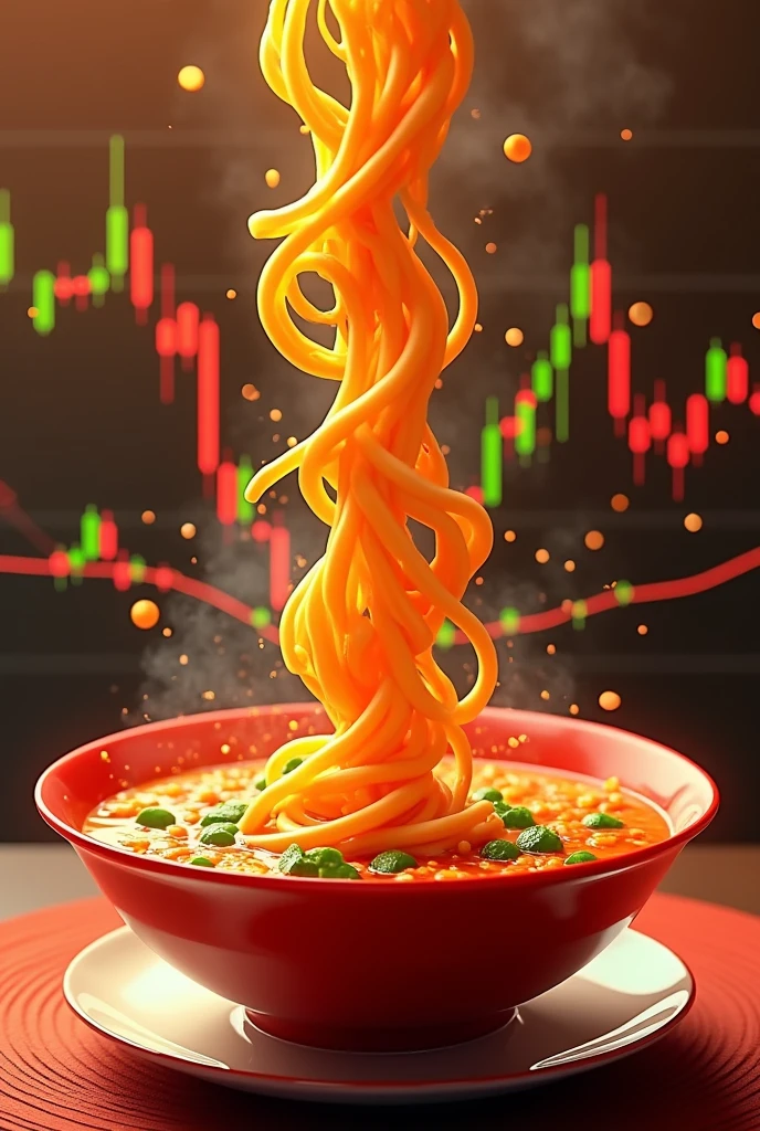 Can you create the modern 3d forex chart trading with three of curve line under forex chart . chart against red and green candlesticks, Chart Ejaculate break out from soup inside very spicy soup noddle bowl and fly up soar above bowl. Graph and curve line make soup splashing from blow. Focus on forex chart and curve line.