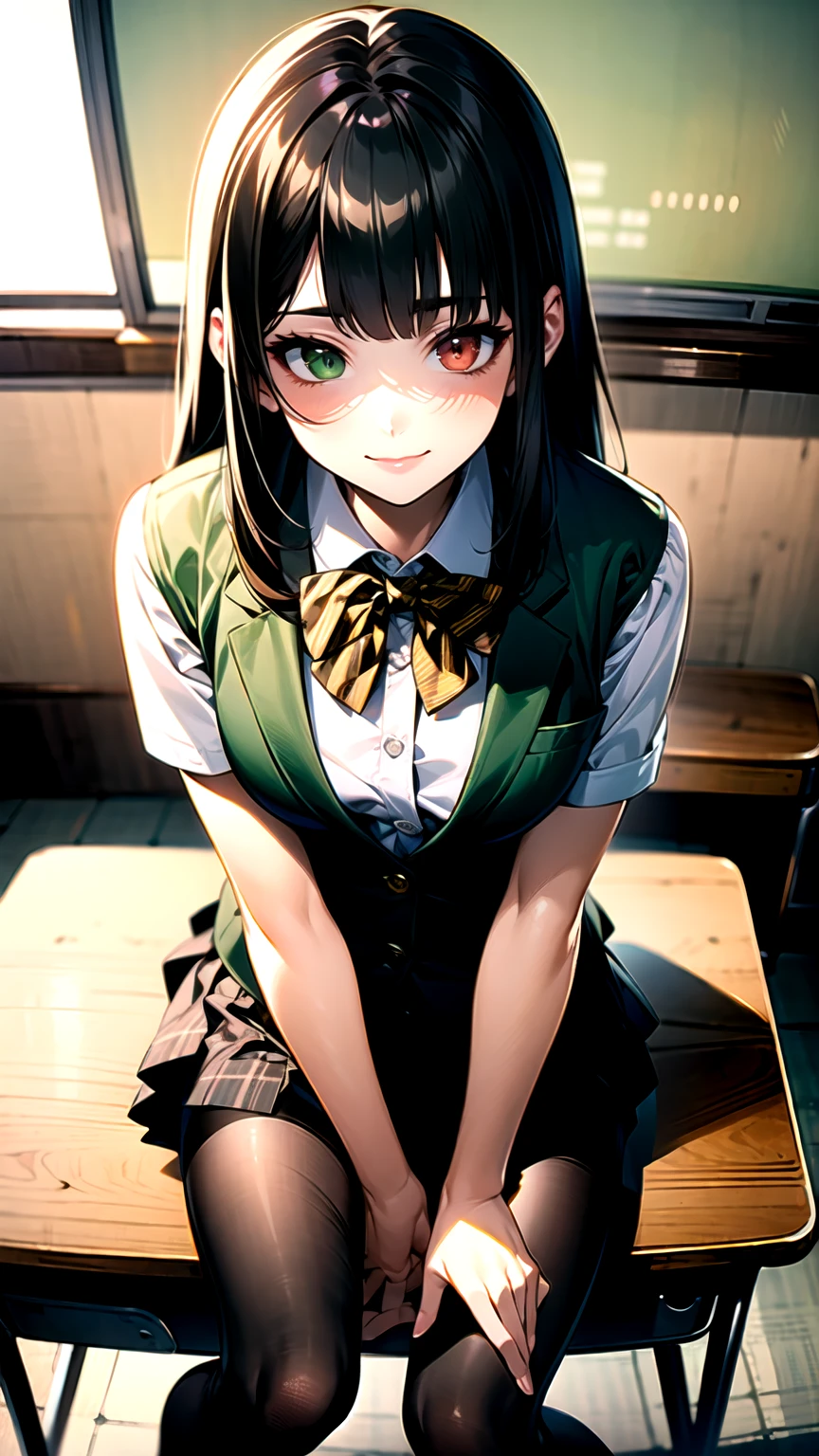 （（super high quality,Ultra-high resolution,4K,8k,super masterpiece,Ultra HD ,Detailed shading））,Full body photo,Dimly lit classroom,1 high school girl,dark green blazer,White dress shirt unbuttoned to the second button,Yellow and black striped bowtie,Brown plaid mini skirt,Black tights,Extremely long, straight, black hair,Side-swept bangs,Heterochromia of orange and green,Sharp gaze with raised eyebrows,smile,Looking up,Sit at a desk,