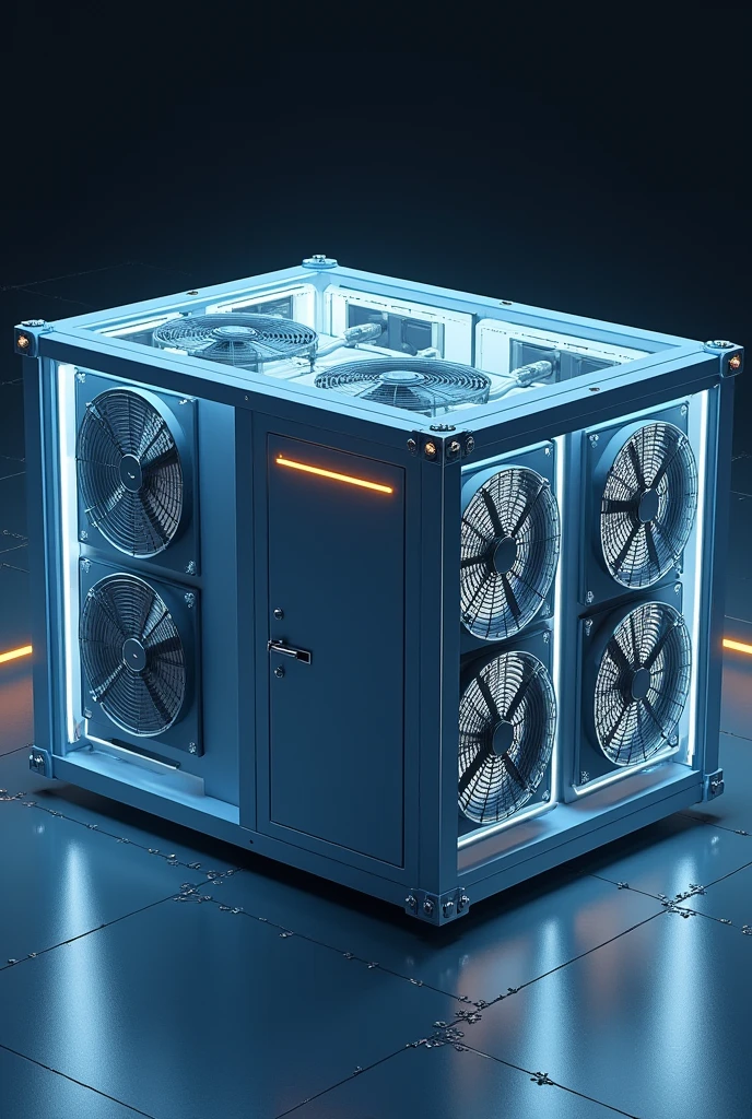Create a 3D rendering of a modern datacenter container viewed from the outside. The container is rectangular with a clean, industrial design. The long sides of the container feature 20 midsize air fans each, arranged in two parallel rows. On one side, the air fans are positioned to pull air into the container. Positioned about 50 cm in front of these fans are evaporative cooling pads mounted on a sturdy steel construction, adding an extra layer of cooling as the air enters the container. On the opposite side, the fans are designed to expel air out of the container, showing a clear and efficient airflow system. On one of the smaller sides of the container, include a secure, reinforced door, designed to allow controlled access to the interior. The overall mood should be realistic and slightly futuristic, with careful attention to detail in the design of the container, the cooling system, and the datacenter racks. Lighting should be cool and industrial, with subtle reflections on the metallic surfaces of the fans, racks, and steel construction. The roof is transparent so it shows inside.