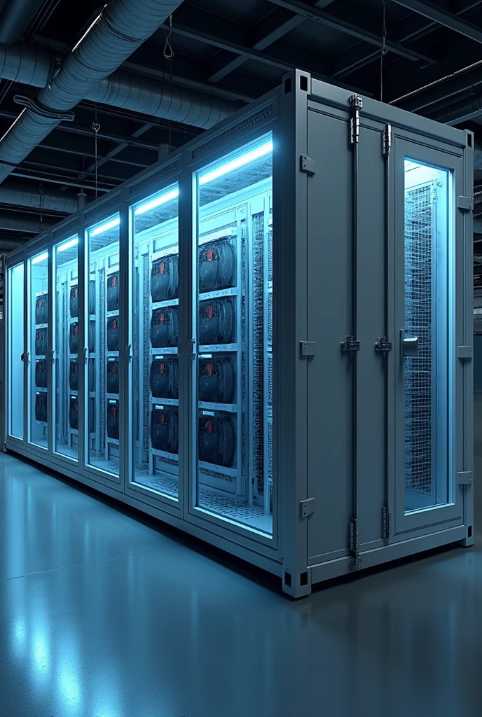 Create a 3D rendering of a modern datacenter container viewed from the outside. The container is rectangular with a clean, industrial design. The long sides of the container feature 20 midsize air fans each, arranged in two parallel rows. On one side, the air fans are positioned to pull air into the container. Positioned about 50 cm in front of these fans are evaporative cooling pads mounted on a sturdy steel construction, adding an extra layer of cooling as the air enters the container. On the opposite side, the fans are designed to expel air out of the container, showing a clear and efficient airflow system. On one of the smaller sides of the container, include a secure, reinforced door, designed to allow controlled access to the interior. The overall mood should be realistic and slightly futuristic, with careful attention to detail in the design of the container, the cooling system, and the datacenter racks. Lighting should be cool and industrial, with subtle reflections on the metallic surfaces of the fans, racks, and steel construction. The roof is transparent so it shows inside.