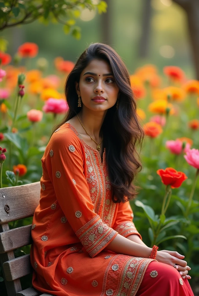 1girl, indian female of age 28, photo, realistic, wearing indian dress kurta , best quality, sitting on bench of a graden,lonely, flowers in garden, she is feeling lonely in a beautiful garden, waiting for love in her life.