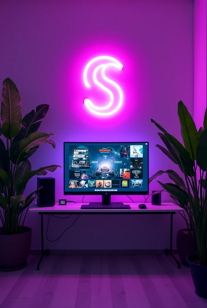 Purple light bright room , background simple logo of tamil spidy channel name , monitor, monitor screen,like electronics related things Sounders ,plants ,ratio vertical long video size 9:16