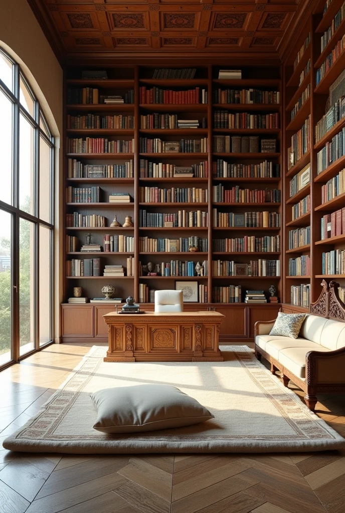 A very spacious room, of large windows, a wall full of books, a library, with a large desk, a thin mattress with cushions in front of the windows, a set of furniture to one side, a setting inspired by both Arab and Indian cultures, all in light colors 