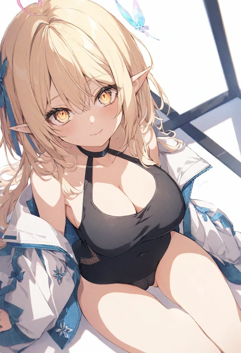 (muste piece), (best quality), (score_9, score_8_up, score_7_up), very detailed eyes, expressive eyes, perfect face, very detailed face, highly detailed face, beautiful girl, 8K, beautiful girl, white background, delicate and beautiful face and eyes, dark intense shadow,
1girl, vtuber style, tomboy, hololive, vtuber, Yukihana Lamy, Elf ears, blue hair, heart ahoge, sharp eyes, blonde eyes, sharp eyes, big chest, soft chest, cleavage, clavicle, cameltoe, bare shoulders, bare arms, off the shoulders, white jacket, unzipped jacket, bare thighs, light smile, body visible through clothes, chest visible through clothes, ass visible through thighs, (full body), sitting, from above,