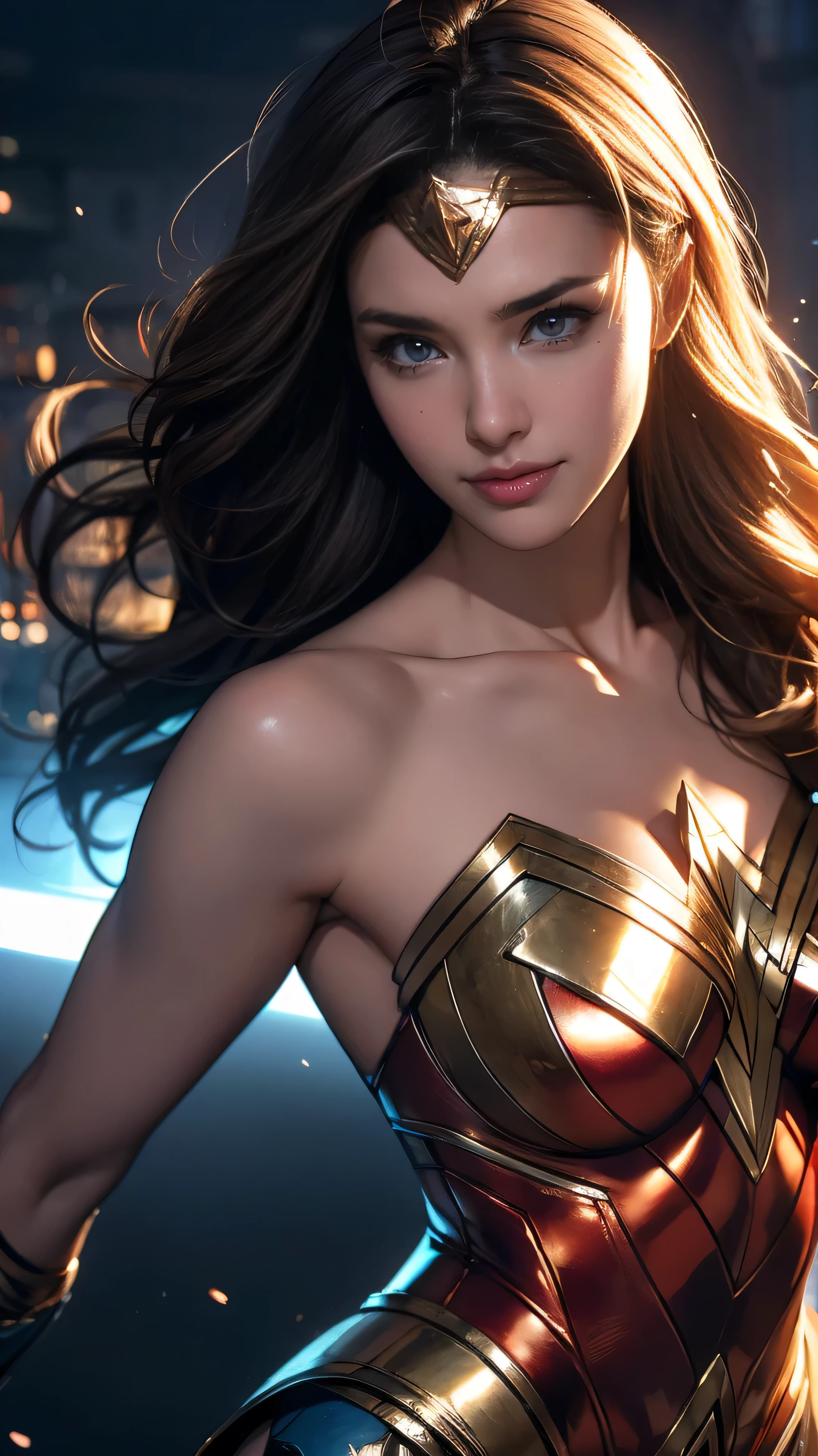 (Highest quality,4K,High resolution:1.2),Very detailed,(Realistic:1.37),Beautifully structured scenes,Dramatic lighting, Wonder Woman from a close-up shot in DC, Twisted space, twisted undead in the background,lens blur,Light Shaft, intricate and complex details, Volumetric lighting, 4K Rendering, Stock Photo, hyperRealistic texture, HDR lighting effects, Unreal Engine,SHY SMILE,Standing gracefully、Blonde long hair、Long hair that reaches down to the toes