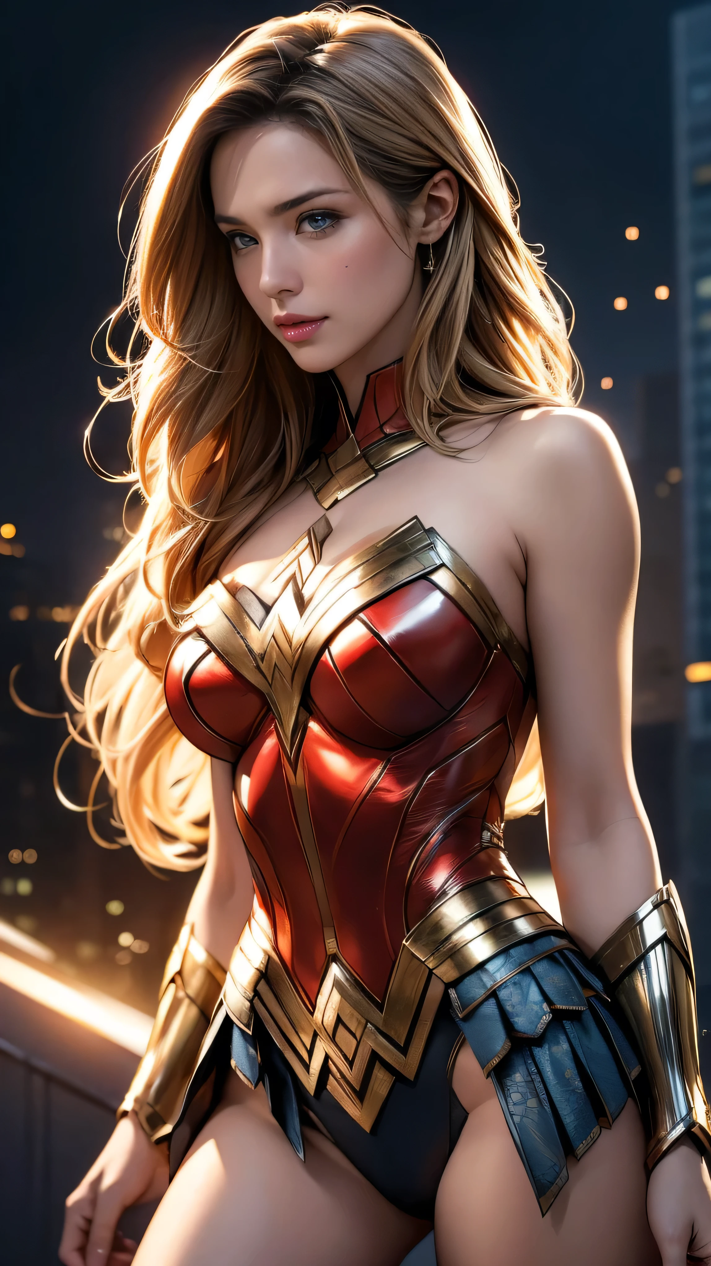 (Highest quality,4K,High resolution:1.2),Very detailed,(Realistic:1.37),Beautifully structured scenes,Dramatic lighting, Wonder Woman from a close-up shot in DC, Twisted space, twisted undead in the background,lens blur,Light Shaft, intricate and complex details, Volumetric lighting, 4K Rendering, Stock Photo, hyperRealistic texture, HDR lighting effects, Unreal Engine,SHY SMILE,Standing gracefully、Blonde long hair、Long hair that reaches down to the toes