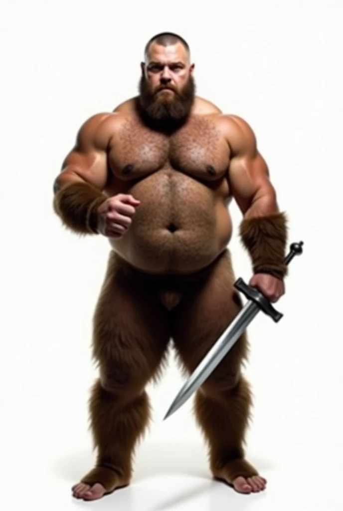 The background is pure white、He has chest hair that looks like a bodybuilder with a lot of fat on it.、Very short hair、A bear-like man with a round beard。
Completely naked、He's flaunting a thick, strong penis.。Holding a sword。