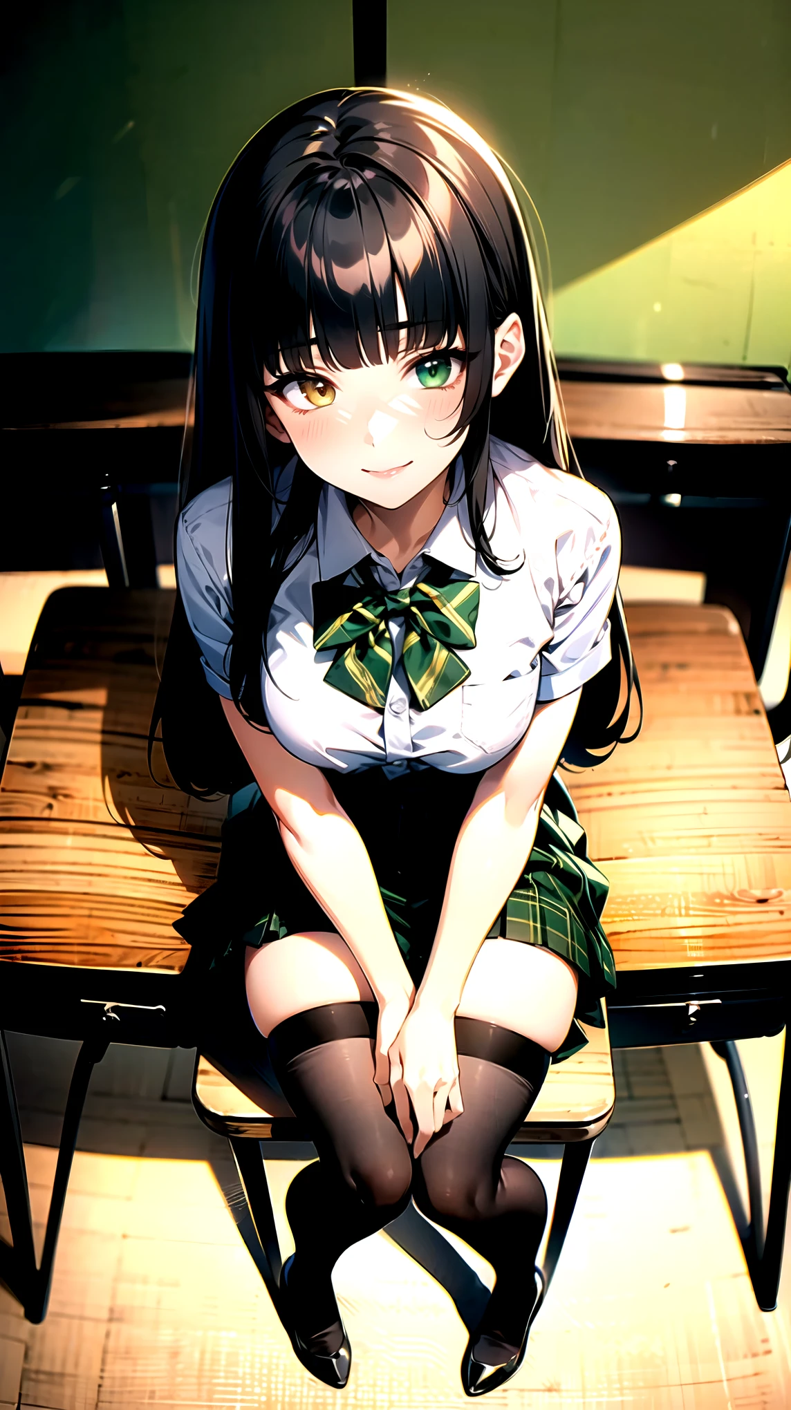 （（super high quality,Ultra-high resolution,4K,8k,super masterpiece,Ultra HD ,Detailed shading））,Angle from above,Full body photo,Dimly lit classroom,1 high school girl,dark green blazer,White dress shirt unbuttoned to the second button,Yellow and black striped bowtie,Brown plaid mini skirt,Black tights,Extremely long, straight, black hair,Side-swept bangs,Heterochromia of orange and green,Sharp gaze with raised eyebrows,smile,Looking up,Sit at a desk,Place your hands on the desk.,