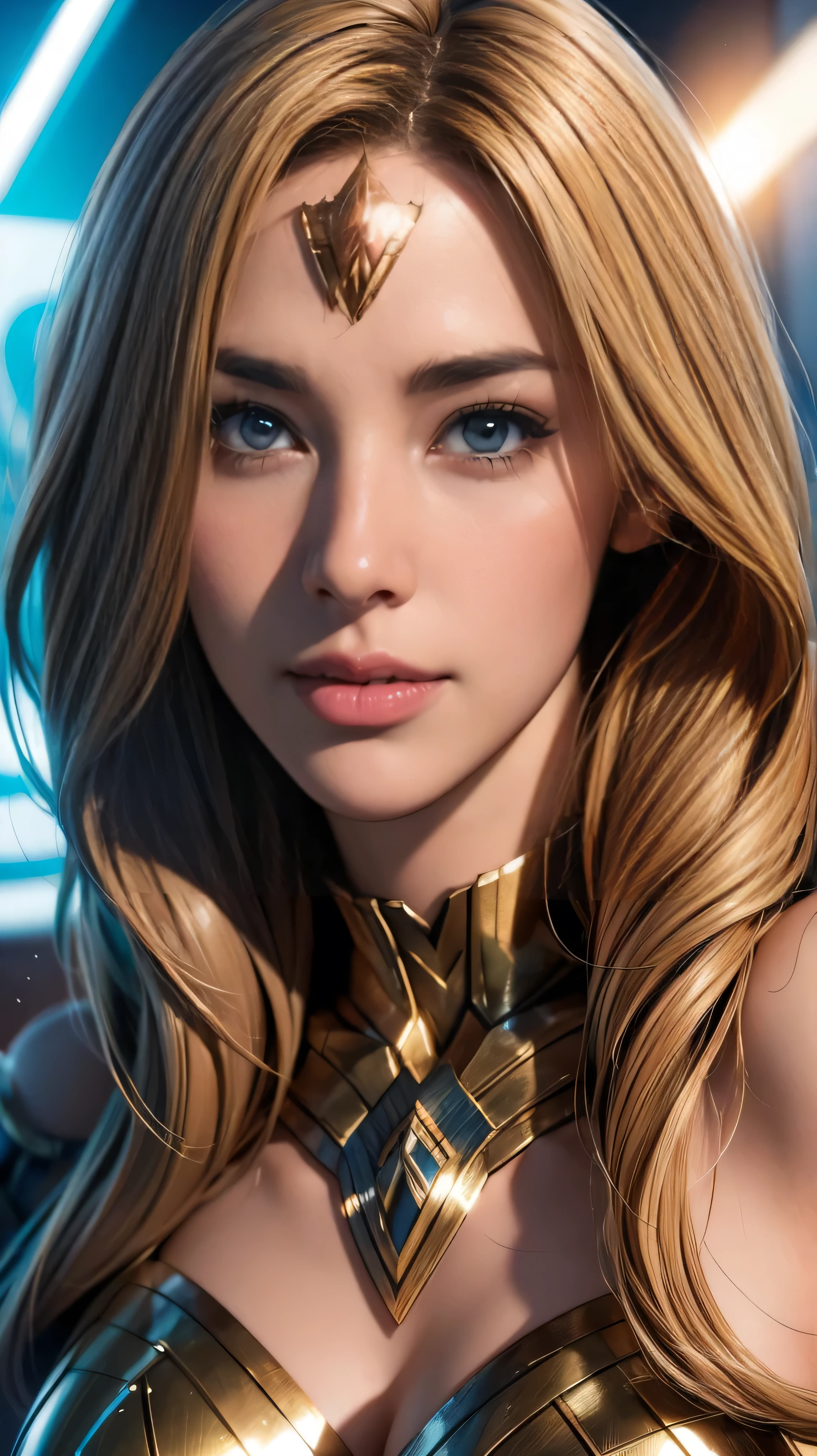 (Highest quality,4K,High resolution:1.2),Very detailed,(Realistic:1.37),Beautifully structured scenes,Dramatic lighting, Wonder Woman from a close-up shot in DC, Twisted space, twisted undead in the background,lens blur,Light Shaft, intricate and complex details, Volumetric lighting, 4K Rendering, Stock Photo, hyperRealistic texture, HDR lighting effects, Unreal Engine,SHY SMILE,Standing gracefully、Blonde long hair、Long hair that reaches down to the toes