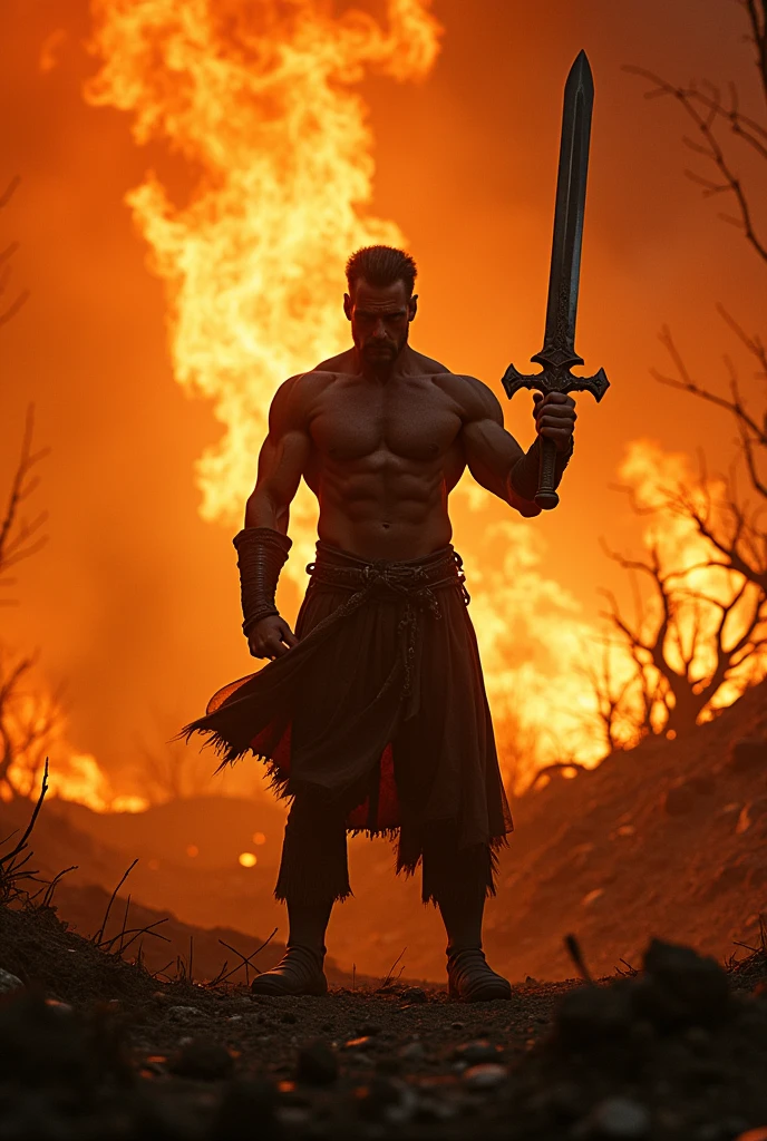 A warrior pic a sword standing opposite and see the fire with the fire background with burn all the world make a very use background