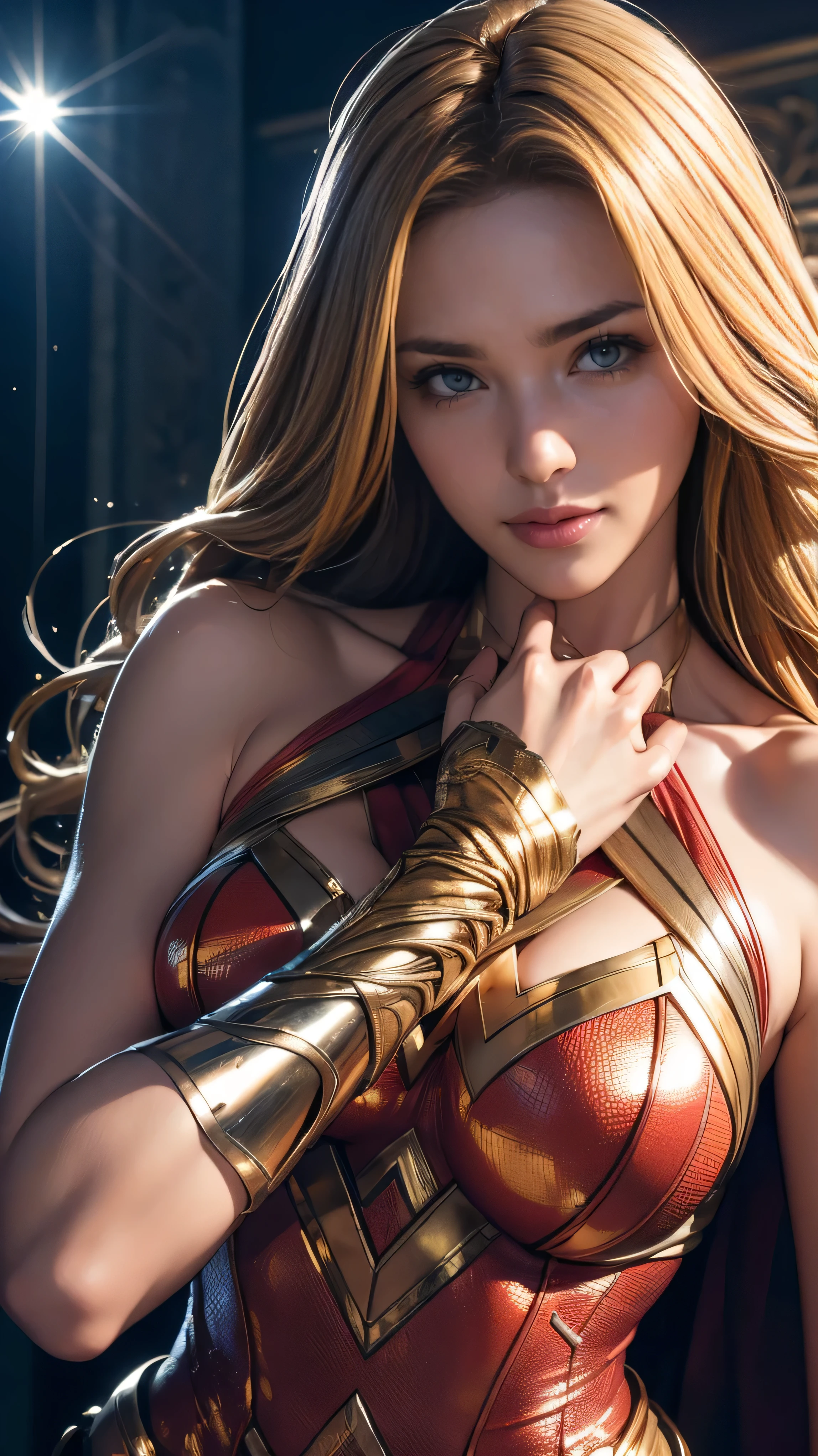 (Highest quality,4K,High resolution:1.2),Very detailed,(Realistic:1.37),Beautifully structured scenes,Dramatic lighting, Wonder Woman from a close-up shot in DC, Twisted space, twisted undead in the background,lens blur,Light Shaft, intricate and complex details, Volumetric lighting, 4K Rendering, Stock Photo, hyperRealistic texture, HDR lighting effects, Unreal Engine,SHY SMILE,Standing gracefully、Blonde long hair、Long hair that reaches down to the toes、Taking off their costume、Taking it off shyly


