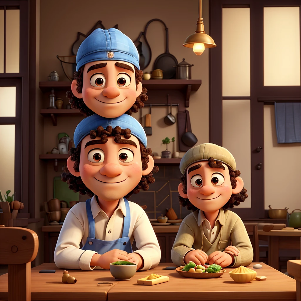 In the total view you can see a kitchen. A maybug looks like a human. He wears a Jewish cap and has Jewish curls. And looks sad. He sits at the table