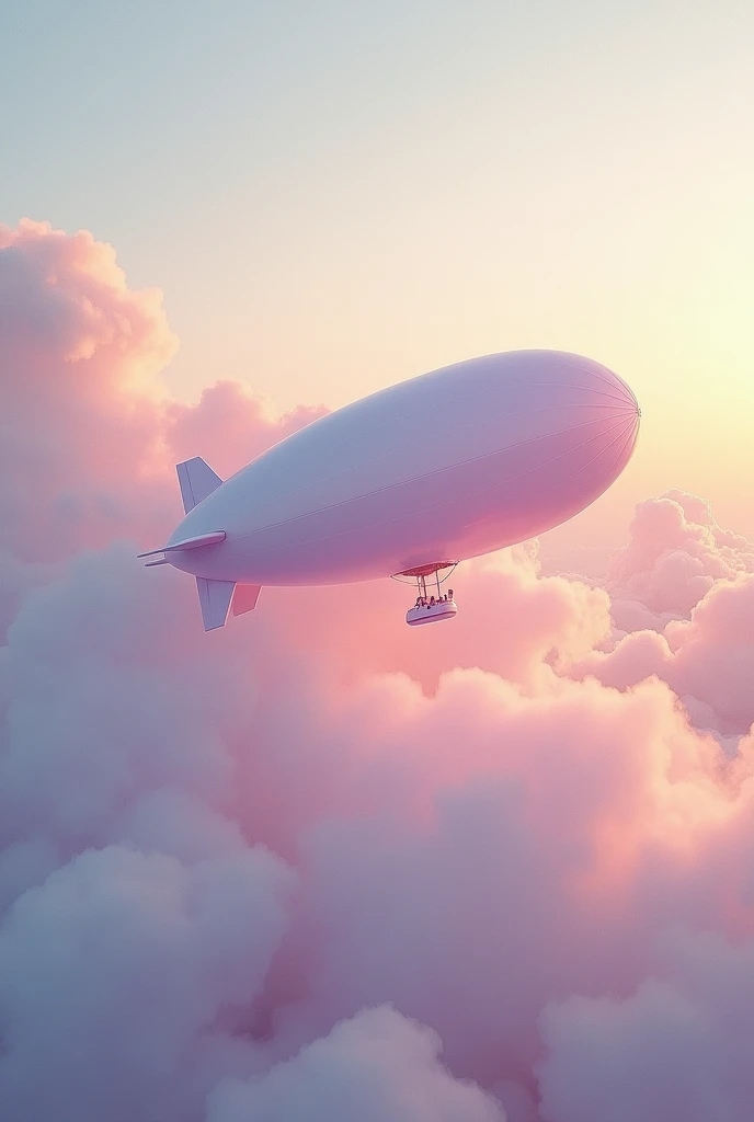 A surreal, retro, bird's-eye view of a softly glowing airship drifting through a pastel sky. The colors are muted and dreamlike, with a vintage, 1960s film grain adding a nostalgic, otherworldly feel to the scene.