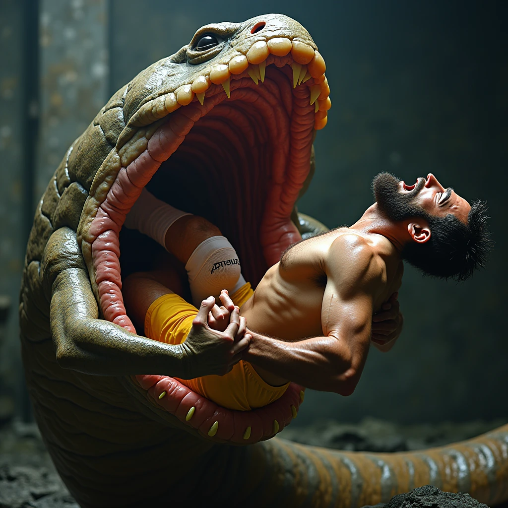 white male 40yo hairy handsome hiker with erect penis being carried four hands and is swallowed by a giant worm monster, he is yelling in pleasure while becoming sexual food to his predator, interspecies, vore, wet, digestion, inside creature, beard, being swallowed, from above, coil, soccer player, underwear, yellow clothes, dilf, excessive cum, mucus, being swallowed, tattoos, bro, he is being engulfed by a mouth, white socks, claws, dirty sweaty socks, sweaty, wet, cum all over body, hairy body, logo socks, tentacles wrapping body, hardcore vore, digestive acids, maw, muscular athletic body, looking at viewer, erect penis, gym background, giant tongue, wet body, saliva, cum on anus, leaking anus, volumetric lighting, maw
