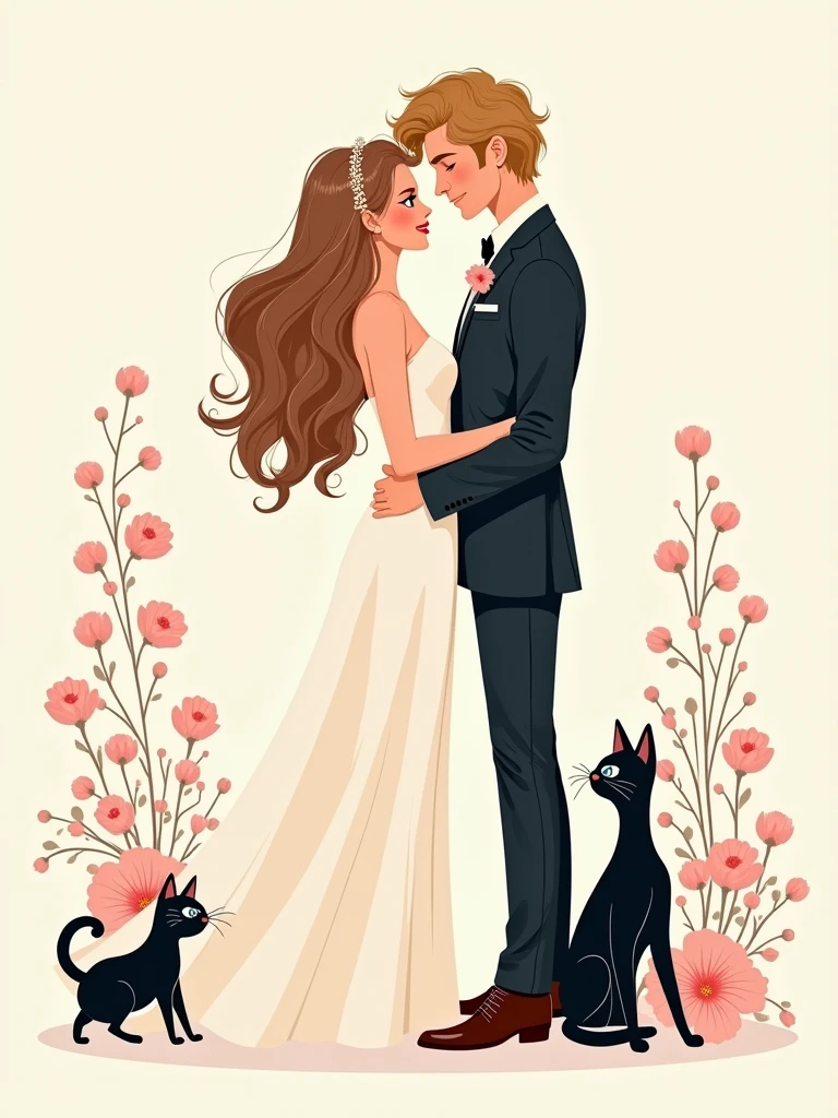 A captivating and elegant illustration of a chic and minimalist wedding invitation. The design showcases Birsu Sun, a radiant bride with wavy hair and brown eyes, and Erkan Eren, a dashing groom with voluminous, wavy blonde hair and blue eyes. The couple's two cherished cats, Ponyo, a black haired female, and Roku, a charming black and white haired male with a curious expression, corner of the invitation, adding an enchanting touch of whimsy and endearing charm.