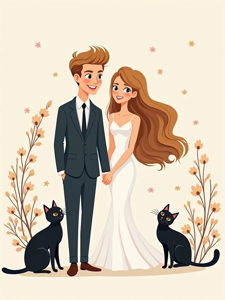 A captivating and elegant illustration of a chic and minimalist wedding invitation. The design showcases Birsu Sun, a radiant bride with wavy hair and brown eyes, and Erkan Eren, a dashing groom with voluminous, wavy blonde hair and blue eyes. The couple's two cherished cats, Ponyo, a black haired female, and Roku, a charming black and white haired male with a curious expression, corner of the invitation, adding an enchanting touch of whimsy and endearing charm.