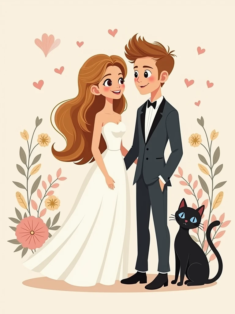 A captivating and elegant illustration of a chic and minimalist wedding invitation. The design showcases Birsu Sun, a radiant bride with wavy hair and brown eyes, and Erkan Eren, a dashing groom with voluminous, wavy blonde hair and blue eyes. The couple's two cherished cats, Ponyo, a black haired female, and Roku, a charming black and white haired male with a curious expression, corner of the invitation, adding an enchanting touch of whimsy and endearing charm.