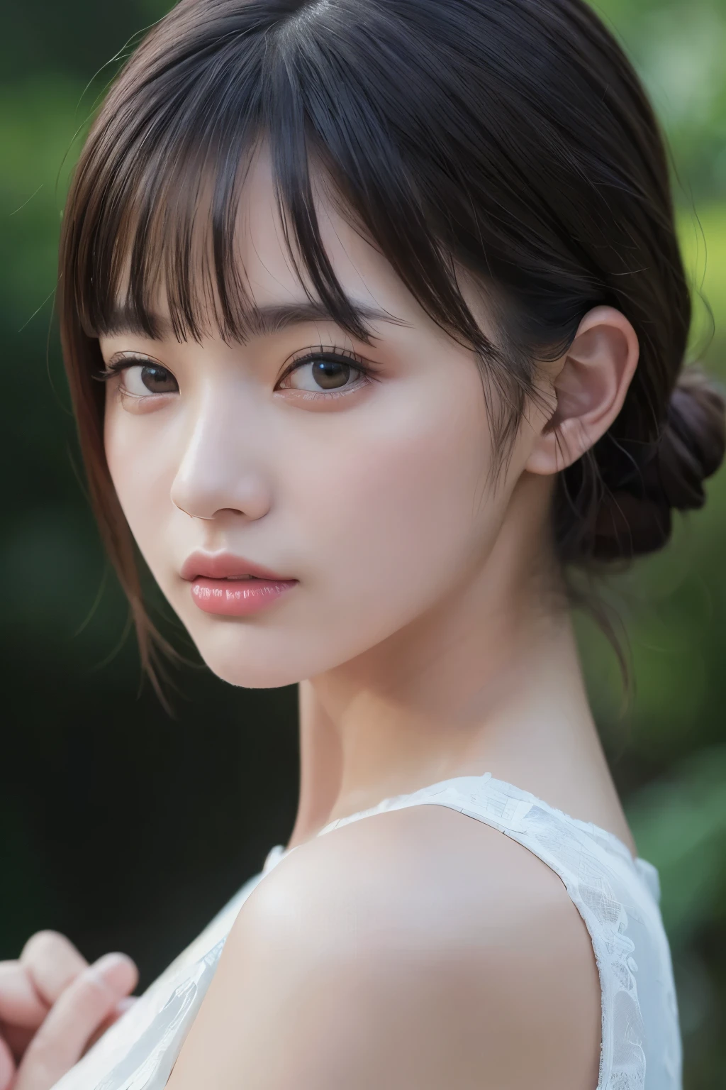 (Highest quality:1.4),(masterpiece:1.4),(Realistic:1.4),(Realistic:1.2),(超High resolution, RAW Photos:1.4),(High resolution, Very detailed:1.2),(8k:1.2),photograph,a photo of a dark-haired,One person&#39;S,One personで,wear ,Maid clothes,((Upper Body:1.3))、Raise your arms to show your sides、((Raise your arms to show your sides))、at the park