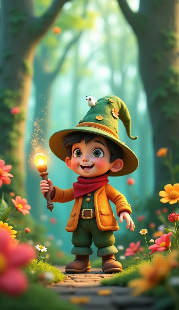 Masterpiece,Best Composition,High Resolution,Forest Landscape,3D Character,Cartoon Style,Strange Forest Keeper,Can Do Magic,Wears Hat,Has Wand,Friendly,Laughing.