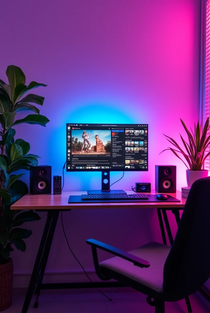 Purple light bright room , background simple of tamil spidy channel name top , monitor, monitor screen,like electronics related things Sounders ,plants ,ratio vertical long video size 9:16