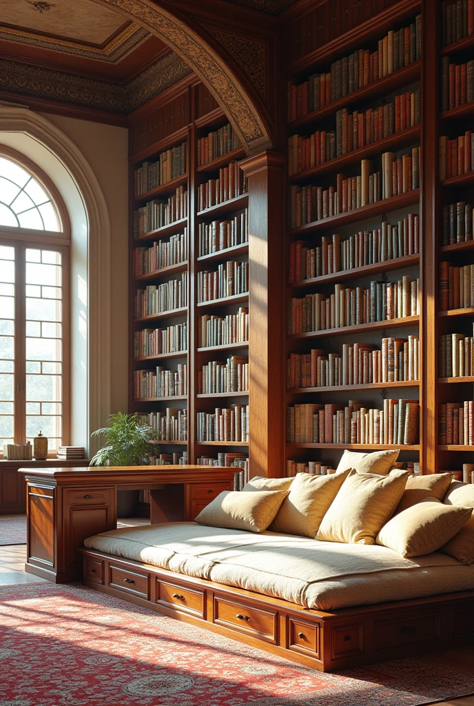 A very spacious room, of large windows, a wall full of books, a library, with a large desk, a thin mattress with cushions in front of the windows, a set of furniture to one side, a setting inspired by both Arab and Indian cultures, all in light colors 