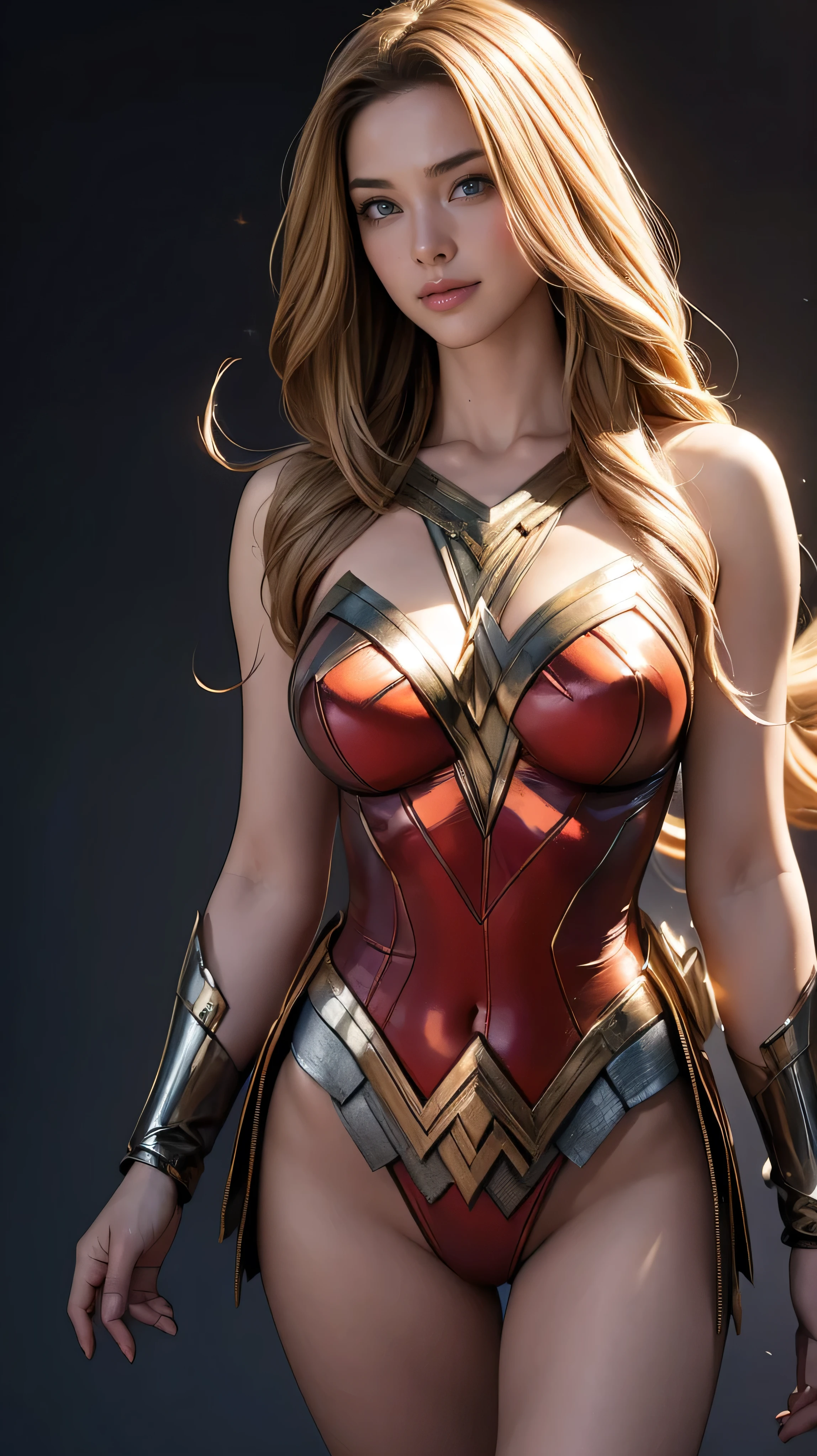 (Highest quality,4K,High resolution:1.2),Very detailed,(Realistic:1.37),Beautifully structured scenes,Dramatic lighting, Wonder Woman from a close-up shot in DC, Twisted space, twisted undead in the background,lens blur,Light Shaft, intricate and complex details, Volumetric lighting, 4K Rendering, Stock Photo, hyperRealistic texture, HDR lighting effects, Unreal Engine,SHY SMILE,Standing gracefully、Blonde long hair、Long hair that reaches down to the toes、Taking off their costume、Taking it off shyly