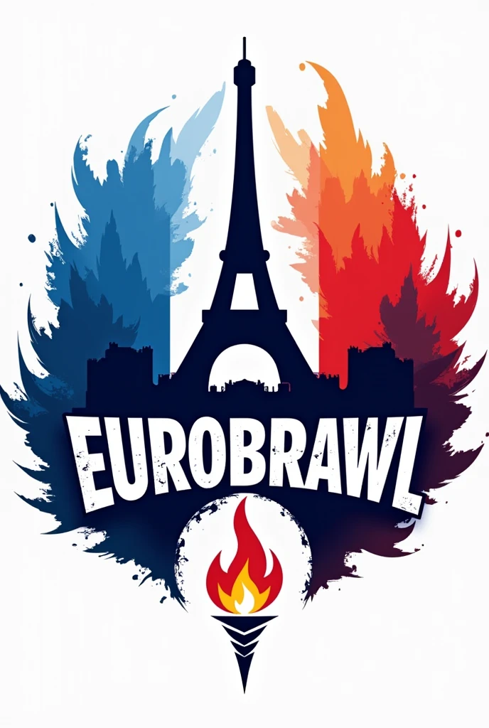 The logo for a wrestling show called EUROBRAWL, write the word EUROBRAWL using the colors of the french flag, then add the words Paris 2024 and a little Eiffel tower 