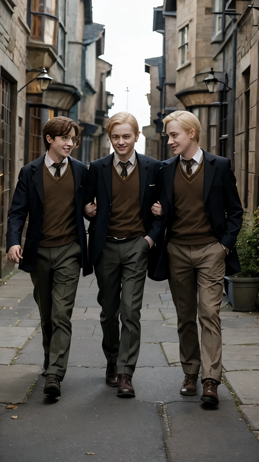 3 Hogwarts students, Harry Potter Ron Weasley and Draco Malfoy, going on a walk together, happy, 3 friends, arms around each other