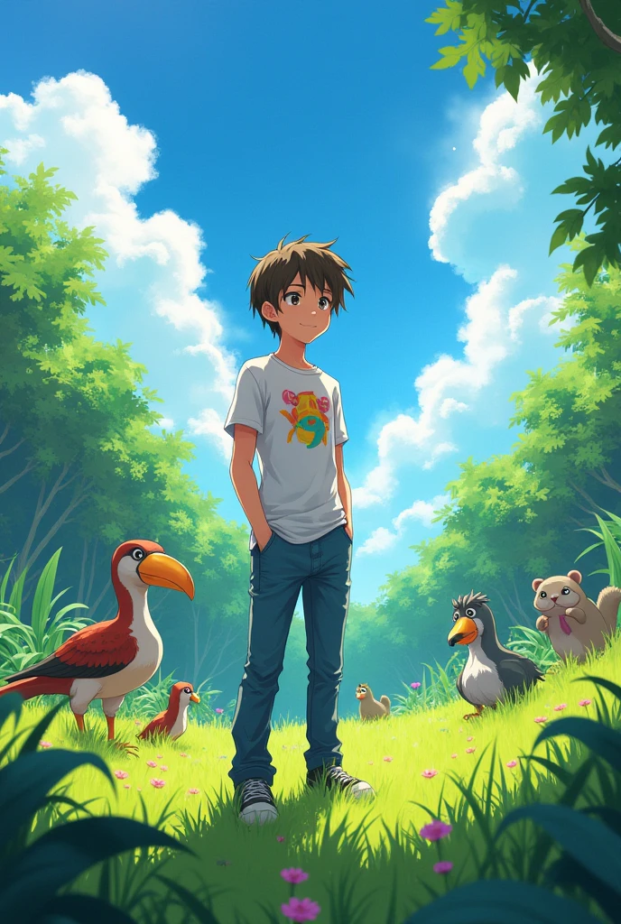 Generate a photo of 16 year old  anime character
In tshirt and jeans shiting in a field in front of a jungle with unusual animals