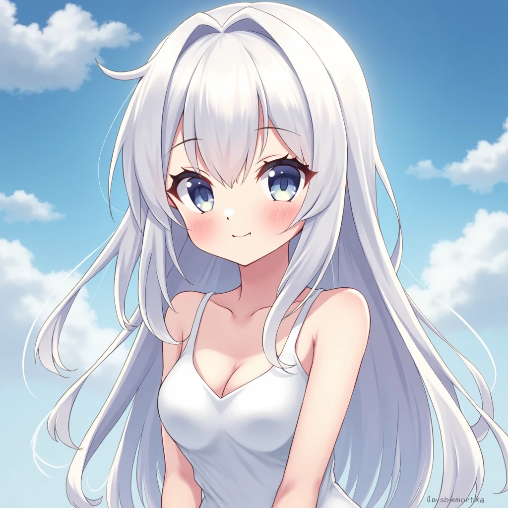 White Hair White skin kind Sleeveless dress anime smile Long Hair