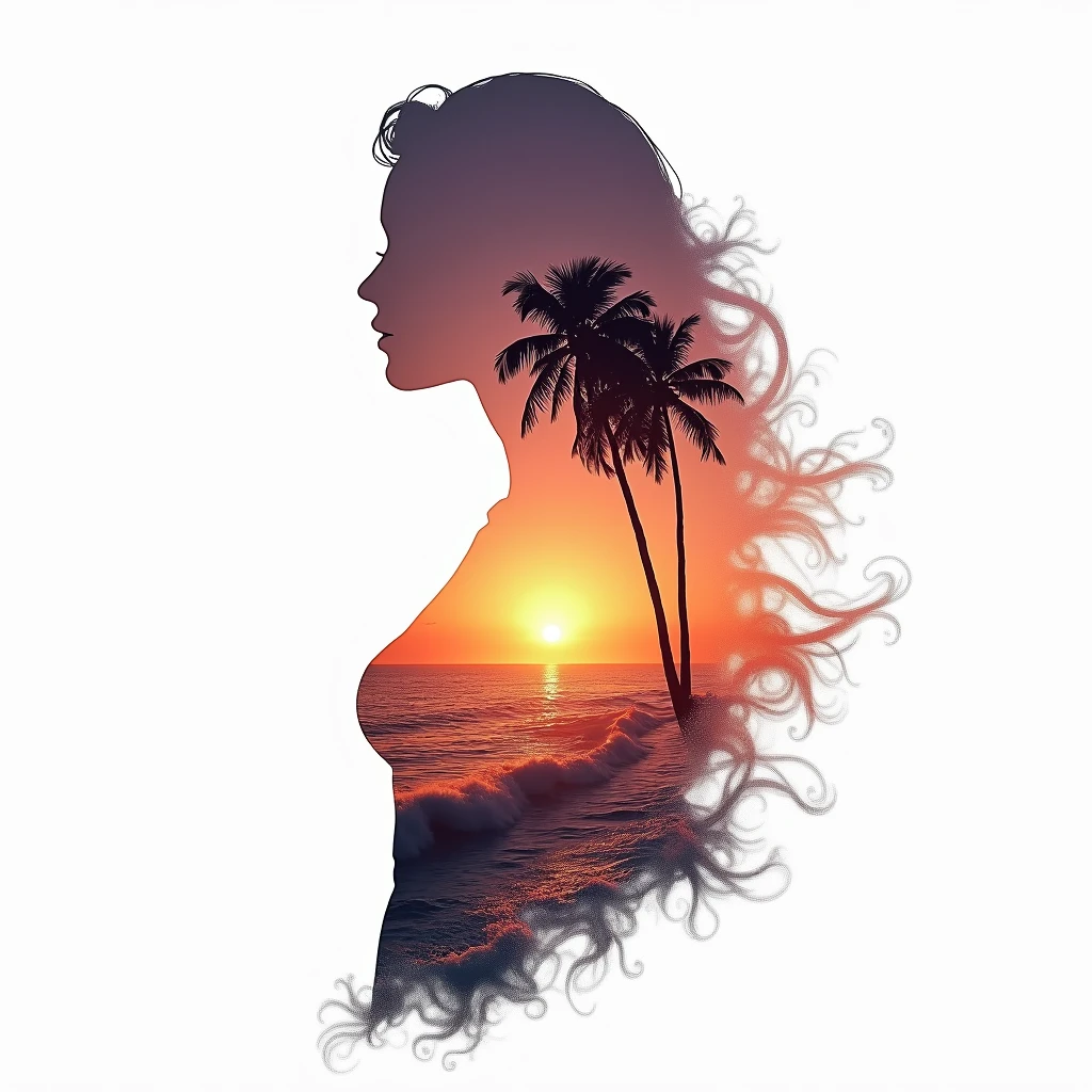 high quality, 8K Ultra HD, A beautiful double exposure that combines an goddess silhouette with sunset coast, sunset coast should serve as the underlying backdrop, with its details incorporated into the goddess , crisp lines, The background is monochrome, sharp focus, double exposure, by yukisakura, awesome full color,