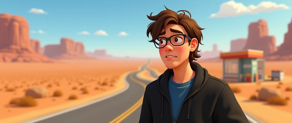 a male animated movie character in the Disney Pixar style, high qualiy, best quality , black fleece sweater blue shirt , Wear nerd glasses,  , long  hair , Happy young man  ,  he's on the road in the desert near a gas station, worried in the hot sun, warmth , comedy 