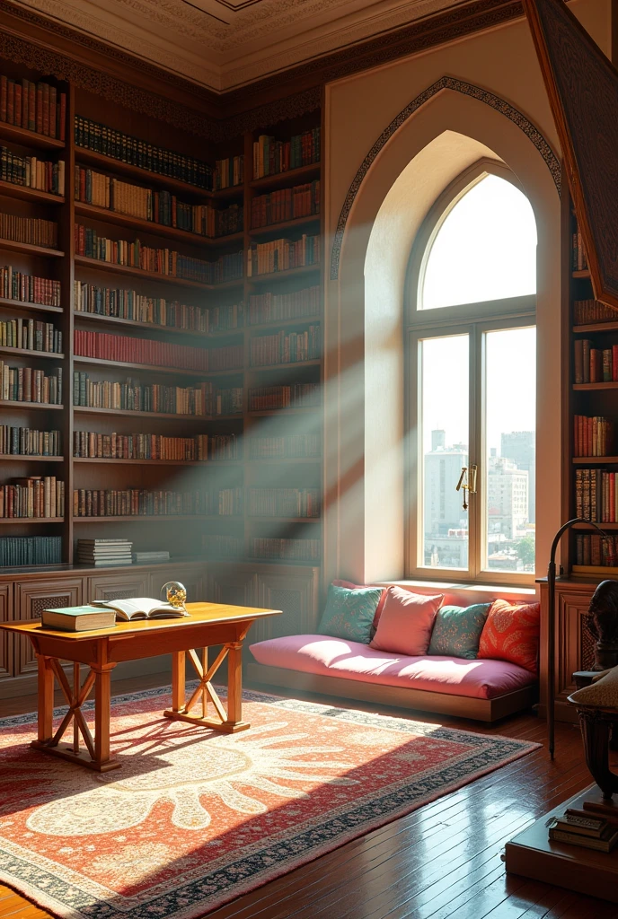 A very spacious room, of large windows, a wall full of books, a library, with a large desk, a thin mattress with cushions in front of the windows, a set of furniture to one side, a setting inspired by both Arab and Indian cultures, all in light colors 