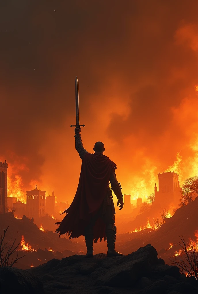 A man pic a sword standing opposite and see the fire with the fire with burn all the world
make a very use background
