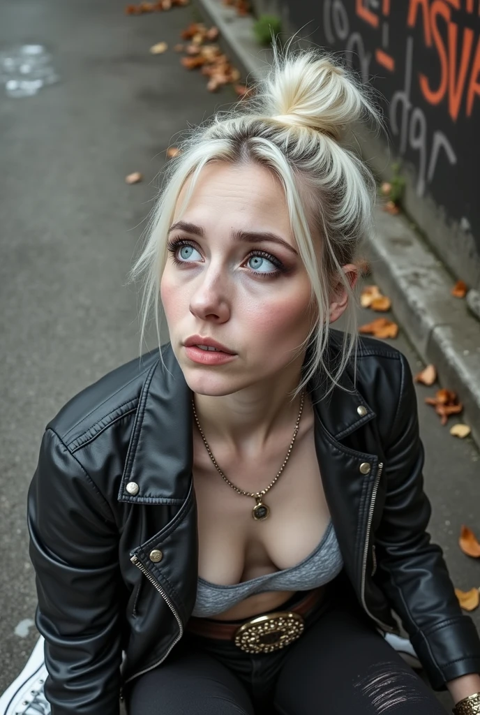 Old russian milf, platinum blonde hair in top bun ,with very light blue eyes, pale, heavy eye shadows. Sad face, smeared make up, runny mascara. Wearing black moto jacket, sports bra, black skinny jeans and white tennis sneakers. Lots of metallic braceles and collars. Tacky leather belt with oversized buckle. Wide loop earrings. Scared face, on her kness, looking up. Seen from above