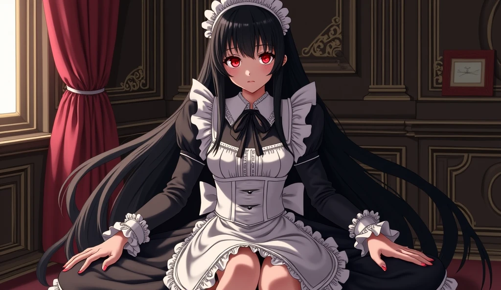 Drawing anime-style adults, Maid clothes, Bblack hair,Long Hair,Black bangs, Perfect hands, Perfect toes, Heart Pupil, With a vengeful eye
