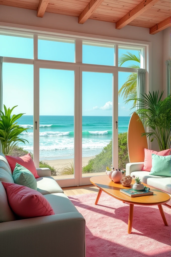 Gyaru living room, beach house, litoral, cosy, pink and mint color